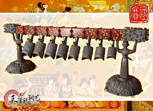 8件古編鐘，銅人銅座裝飾，可發(fā)音